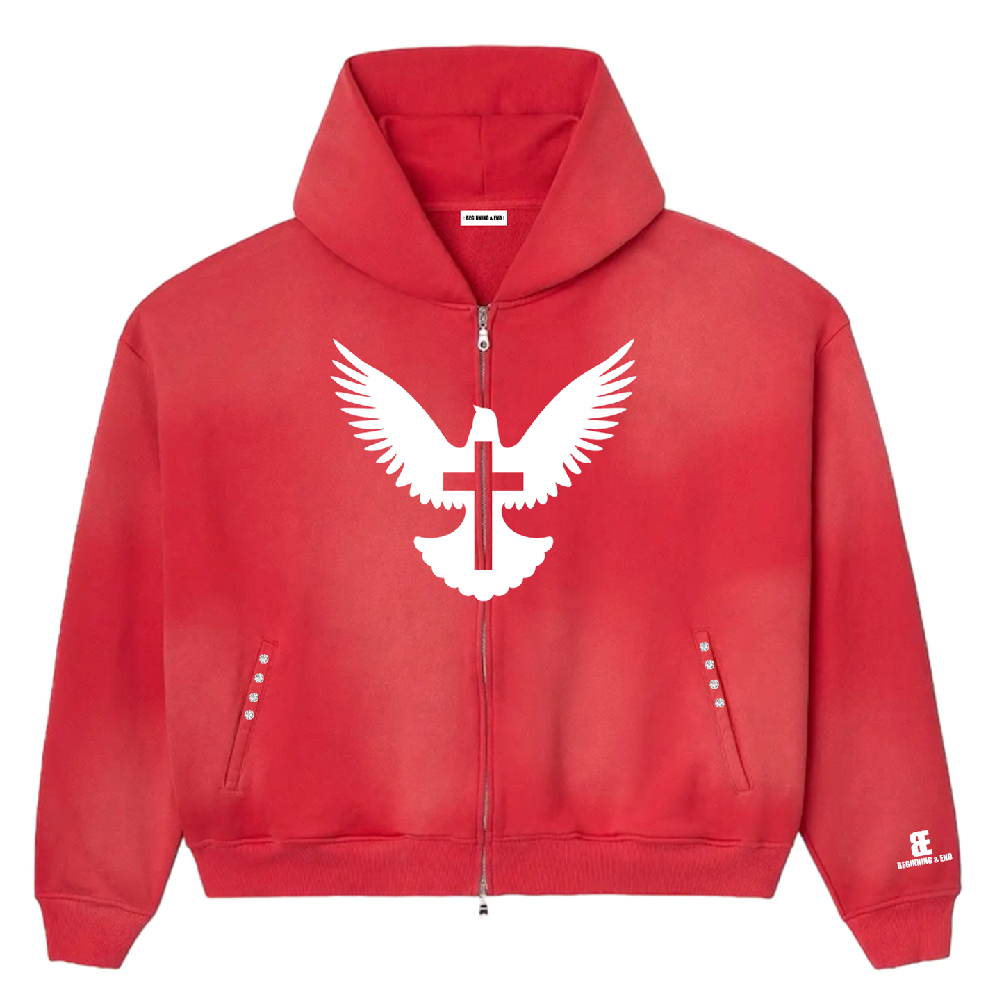 A red hoodie with a white graphic of a stylized bird and a big cross, resembling a dove, on the front chest.